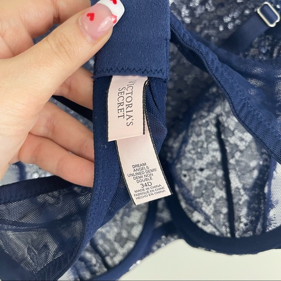 VICTORIA'S SECRET Navy Blue Silver Dream Angels Unlined Demi Lace Bralette - Picture 10 of 12